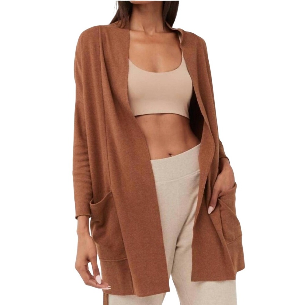 Pact Womens Organic Cotton Cardigan Sweater Open Front XS/S Copper Brown Pocket